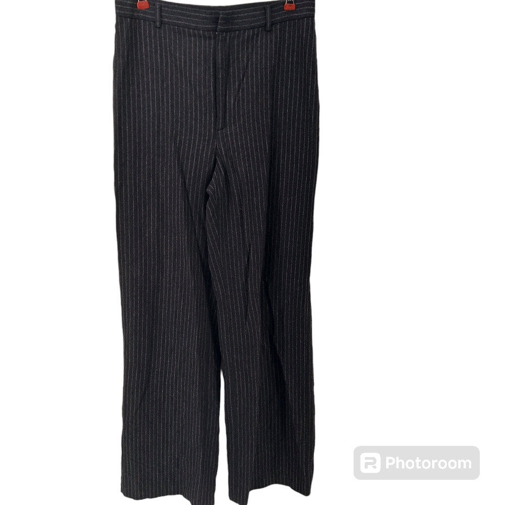 Ralph Lauren Purple Label Merino Wool Straight Leg Pants Black Striped Mid-Rise